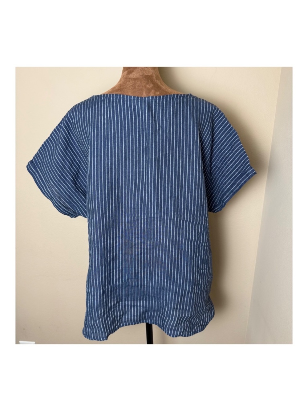 LL Bean 100% Linen Shirt Womens Large Reg Navy Blue Stripe Lagenlook Top 517773 - Picture 3 of 8